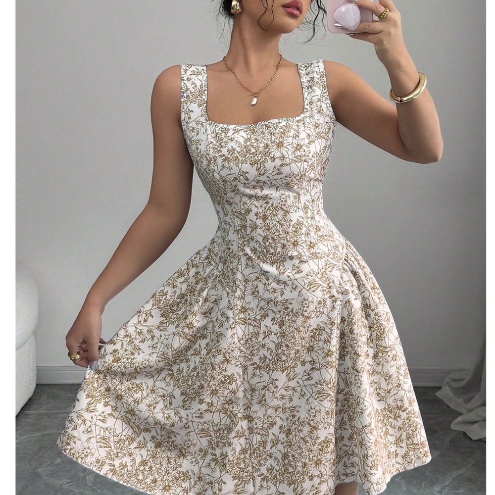 Boho Floral Print Backless Back Tie Sleeveless Flared Hem Dress - Picture 3 of 8